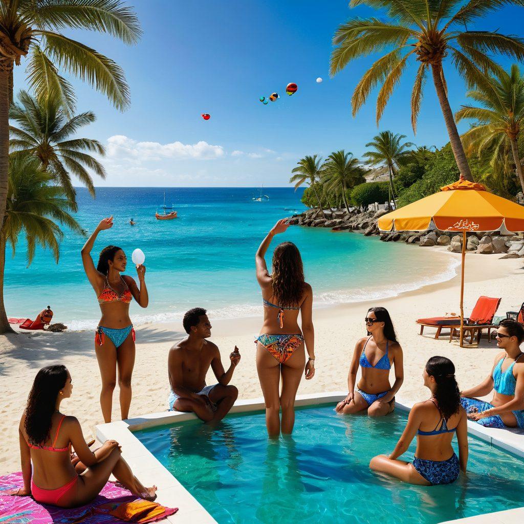 A vibrant beach scene showcasing a diverse group of language enthusiasts wearing stylish, culturally inspired swimwear, surrounded by Arabic-themed beach accessories such as colorful towels and intricate lanterns. The sun shines brightly, casting reflections on the water, while speech bubbles with Arabic letters float above, illustrating the fusion of swimming and language learning. Include palm trees and azure waters in the background. bright colors. super-realistic. cheerful atmosphere.